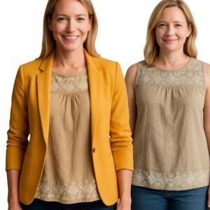 Taupe color embroidered top size s white accents